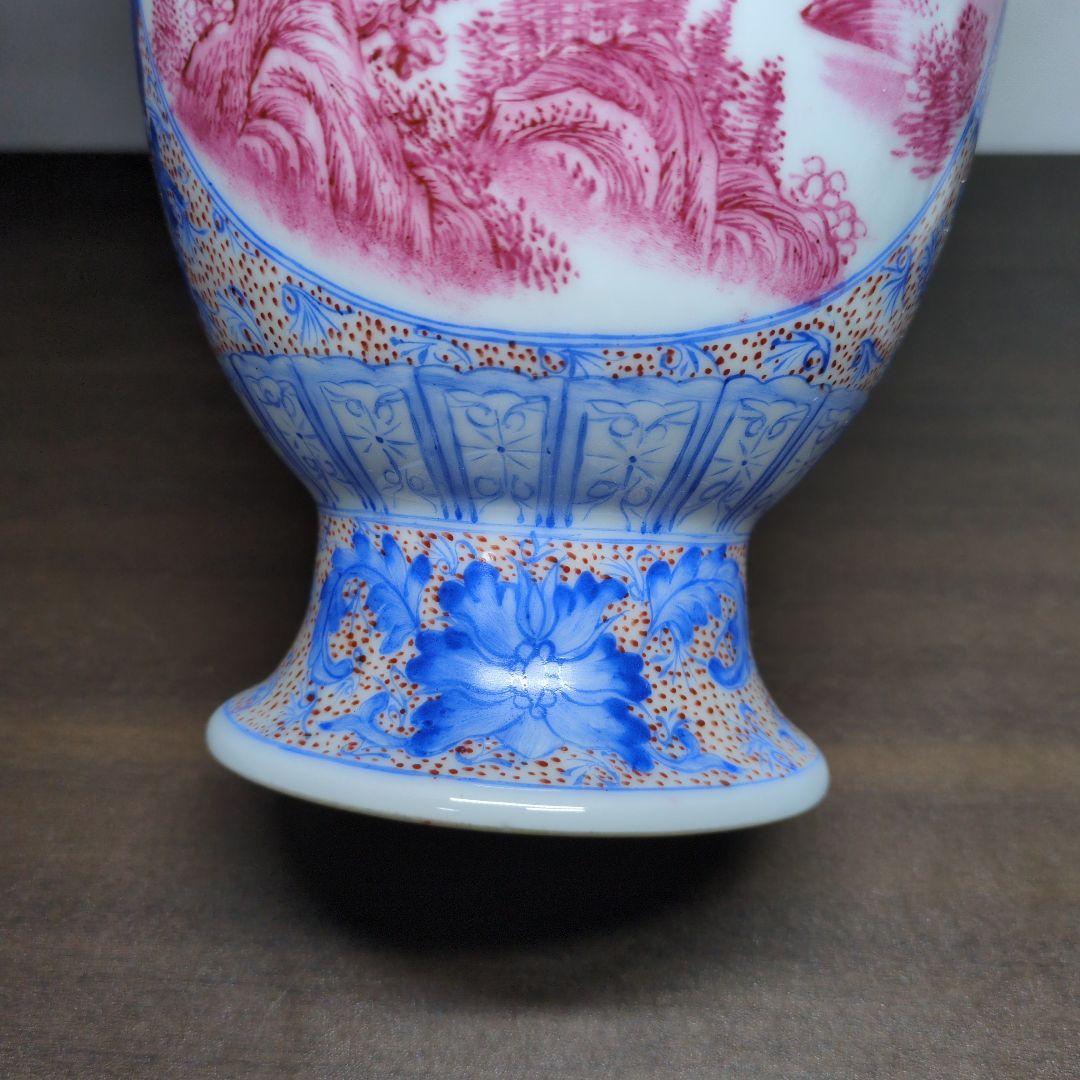 居仁堂製 色絵 窓絵 山水文 獣耳付 瓶 高さ約24.5cm