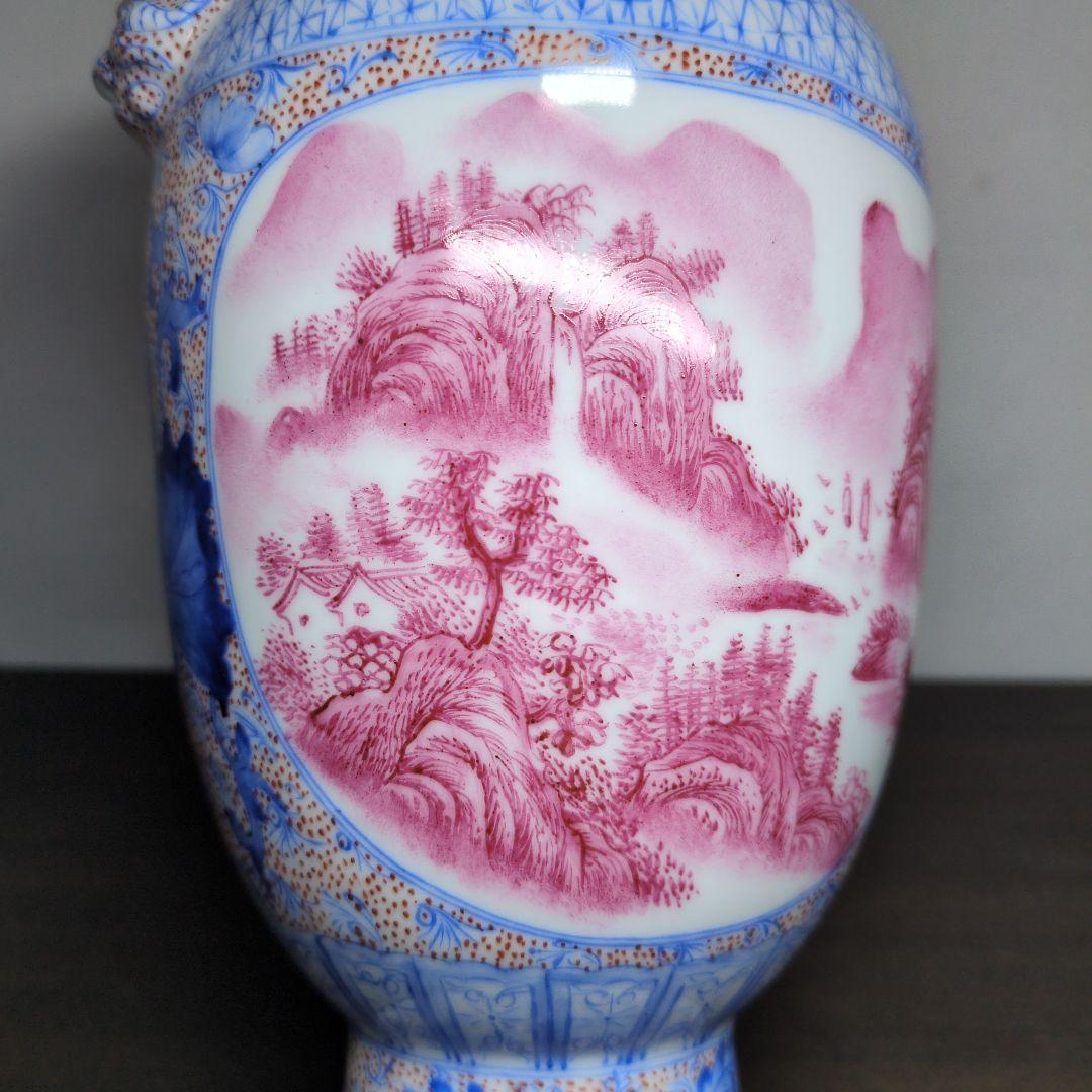 居仁堂製 色絵 窓絵 山水文 獣耳付 瓶 高さ約24.5cm