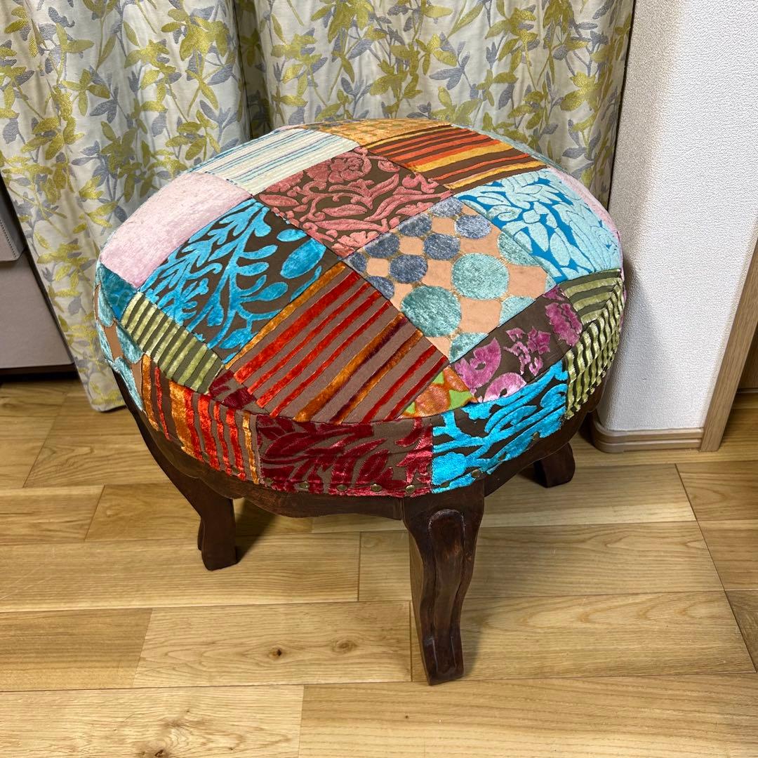 北欧 木製 スツールパッチワーク アンティーク調 チェアー