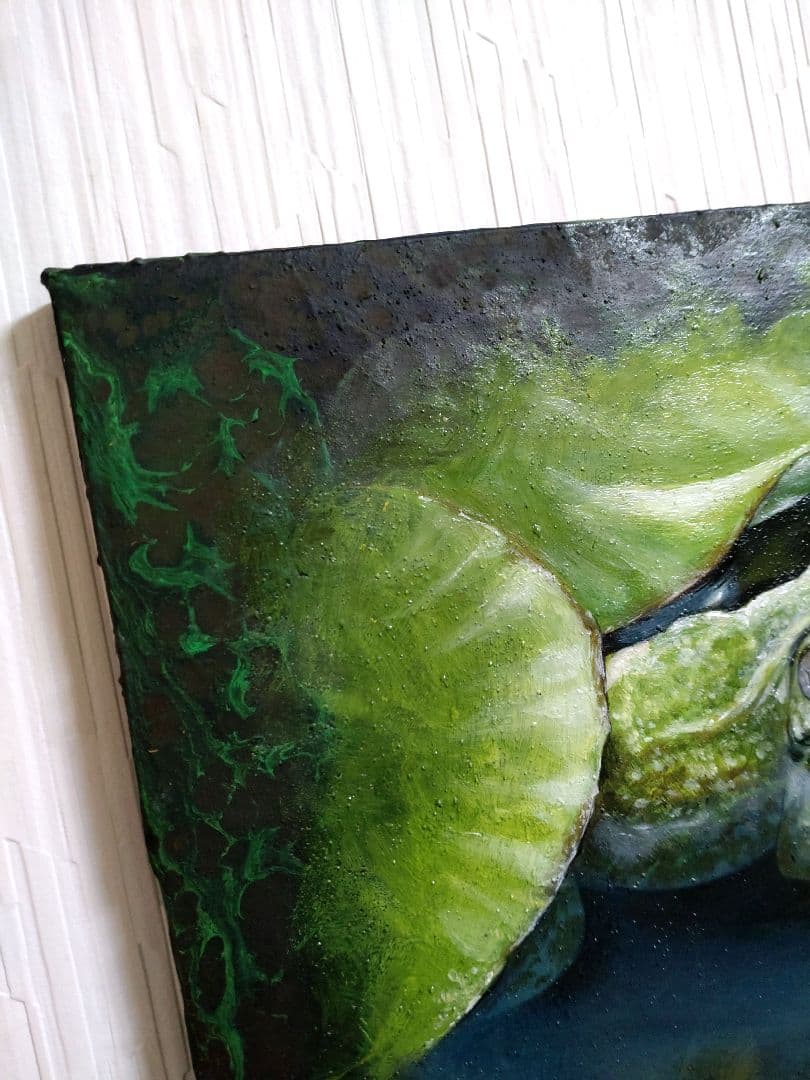 カエルの油絵【水鏡】1点物の原画◆作者サイン入り◆F3号キャンバス