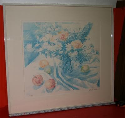 ★国仲真由美★綺麗なリトグラフ★『卓上の静物：ガラス花瓶の花束とりんご』です。★