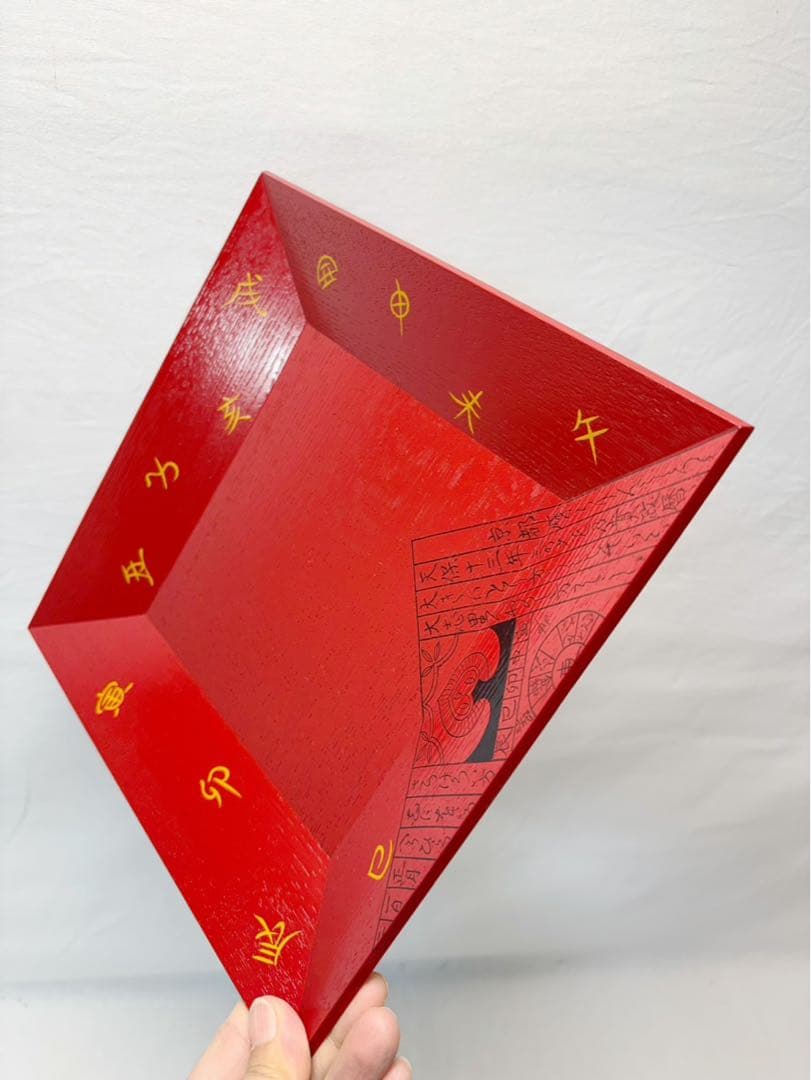 未使用 茶道具 漆匠 南斎造 木製 暦絵 朱四方盆 干菓子器 底サイン 共箱