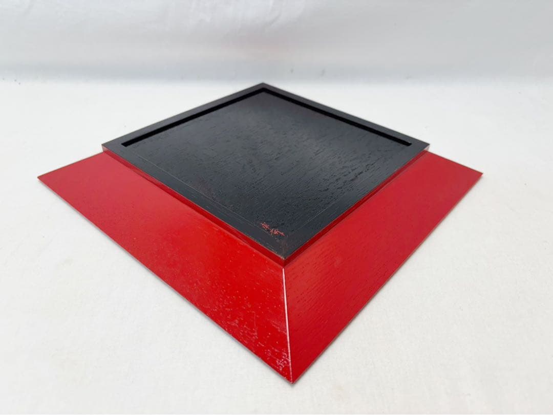 未使用 茶道具 漆匠 南斎造 木製 暦絵 朱四方盆 干菓子器 底サイン 共箱