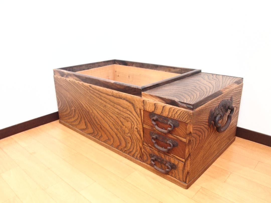 骨董・良品】欅と黒柿の関東長火鉢 民芸金具 玉杢 古道具/古民具