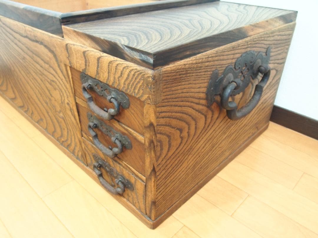 骨董・良品】欅と黒柿の関東長火鉢 民芸金具 玉杢 古道具/古民具