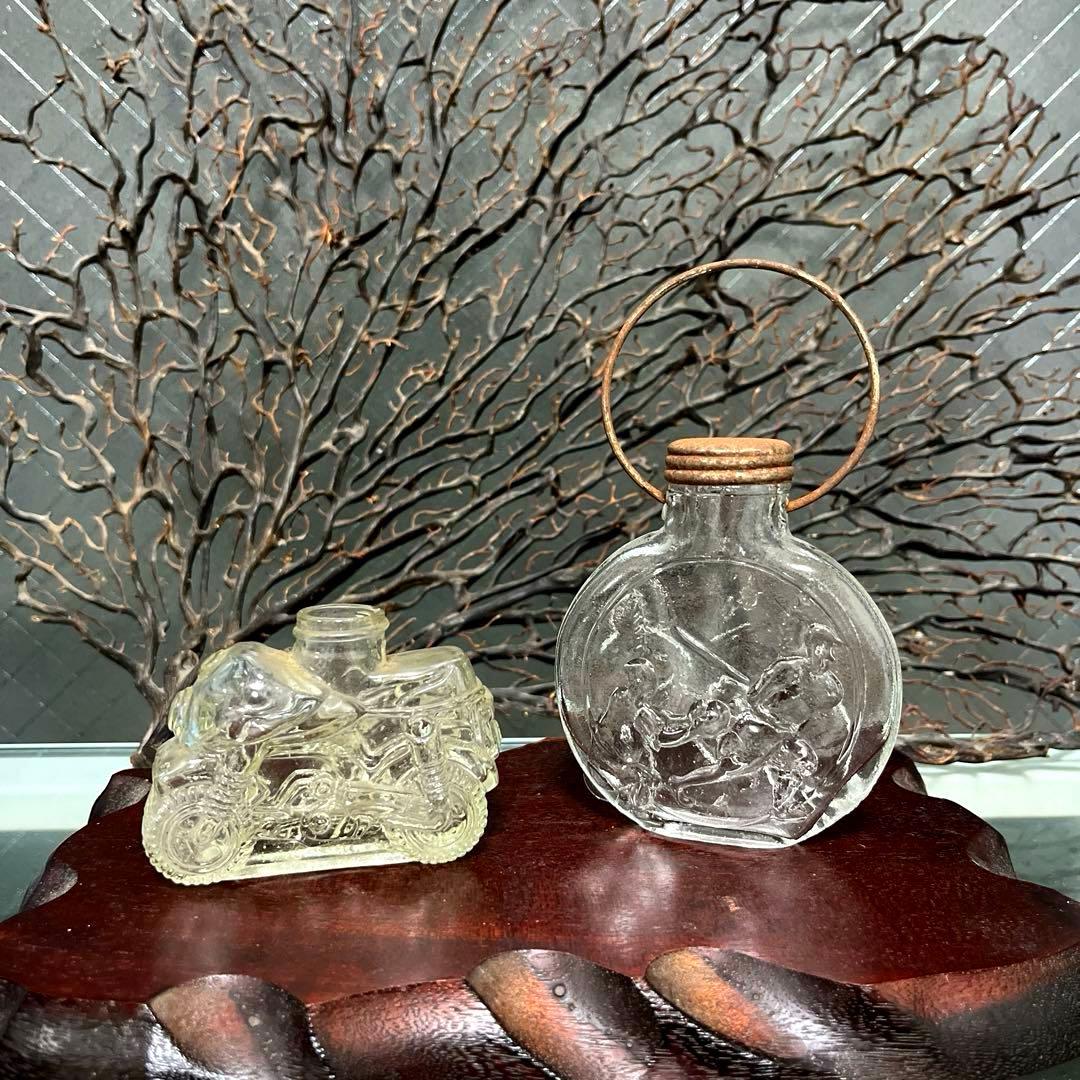 骨董 レトロガラス 時代 金平糖瓶 菓子瓶 バイク 単車 エンボス ウラン