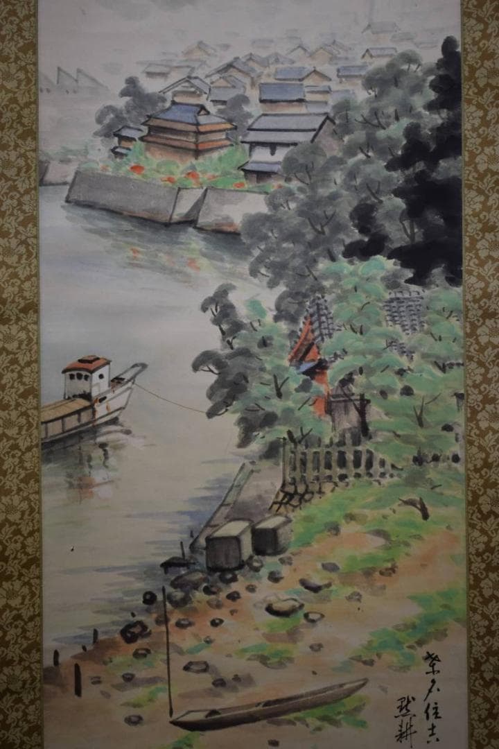 真作/服部黙耕/桑名住吉浦佳景図/桐題箱付/布袋屋掛軸HE-373