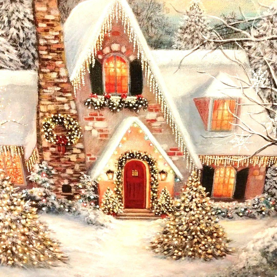 【アメリカで購入LEDライト付き】クリスマスの家の風景画サイズ65cm✕50cm