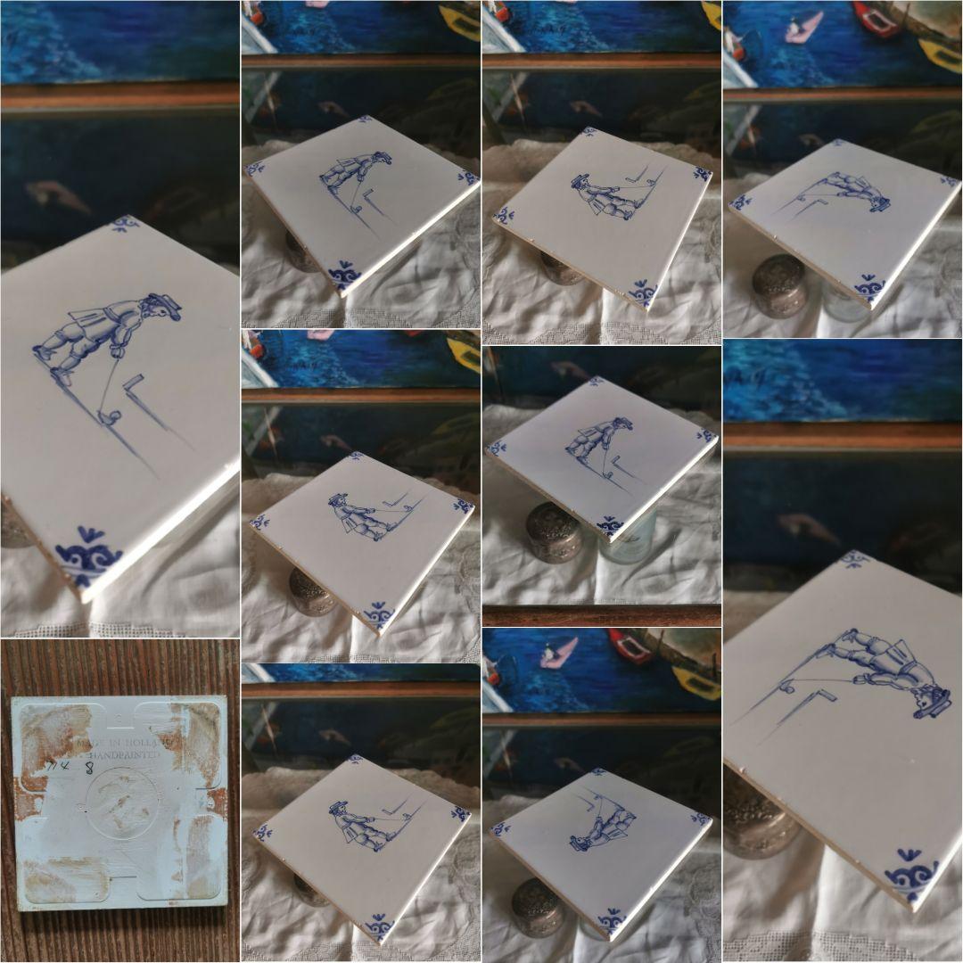 ヴィンテージ/アンティーク デルフト焼タイル コバルト手描 ゴルフ