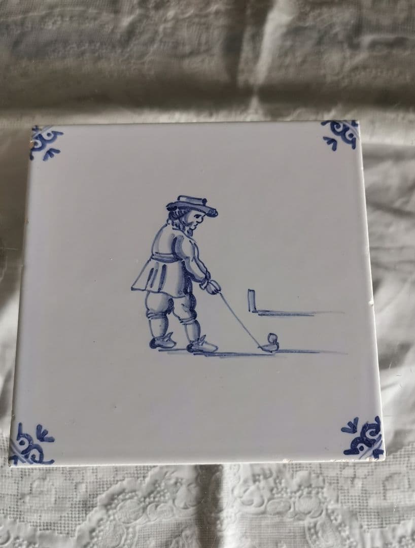 ヴィンテージ/アンティーク デルフト焼タイル コバルト手描 ゴルフ