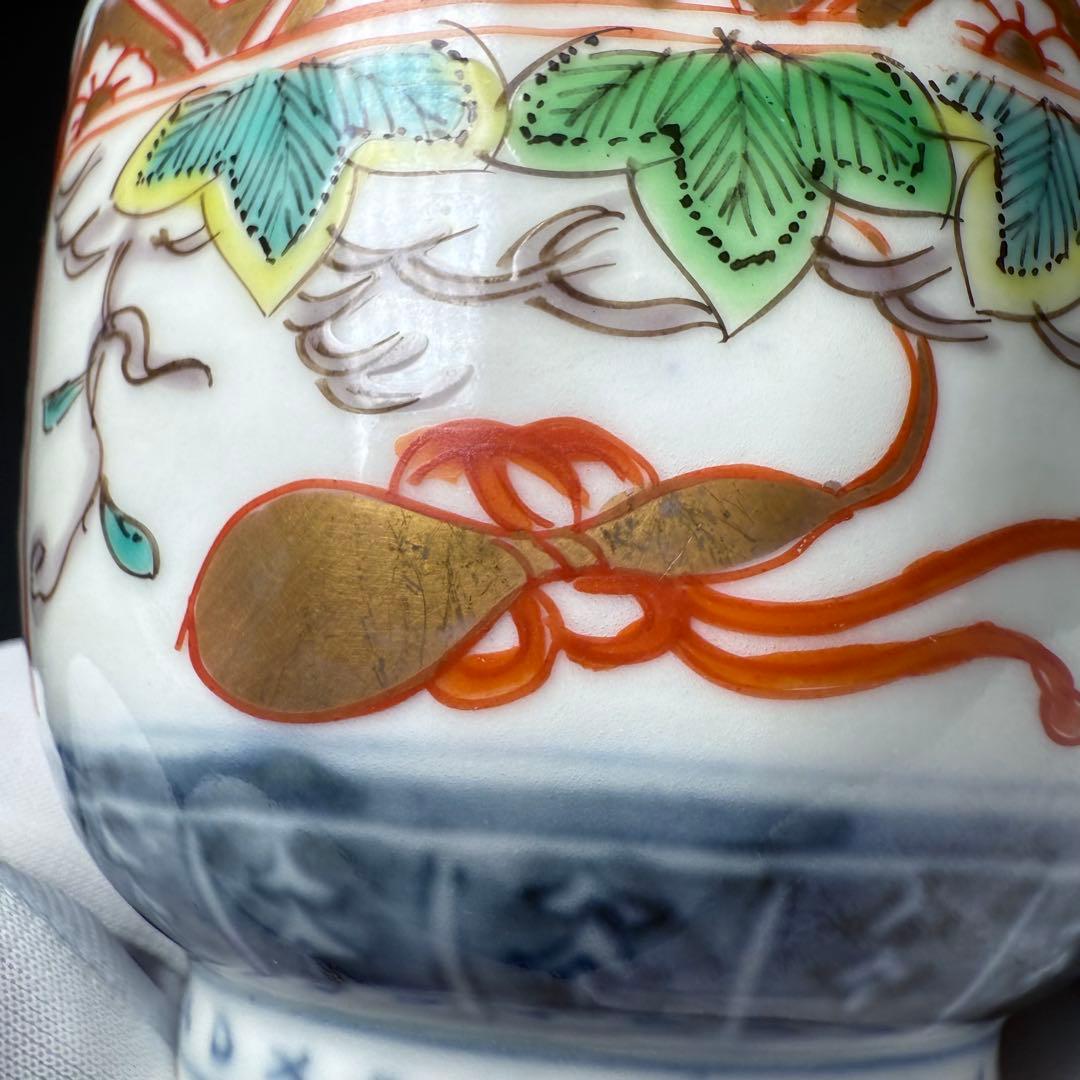 江戸後期　古伊万里　色絵金瓢箪文輪花形向付　五客　○×高台　小鉢　蕎麦猪口