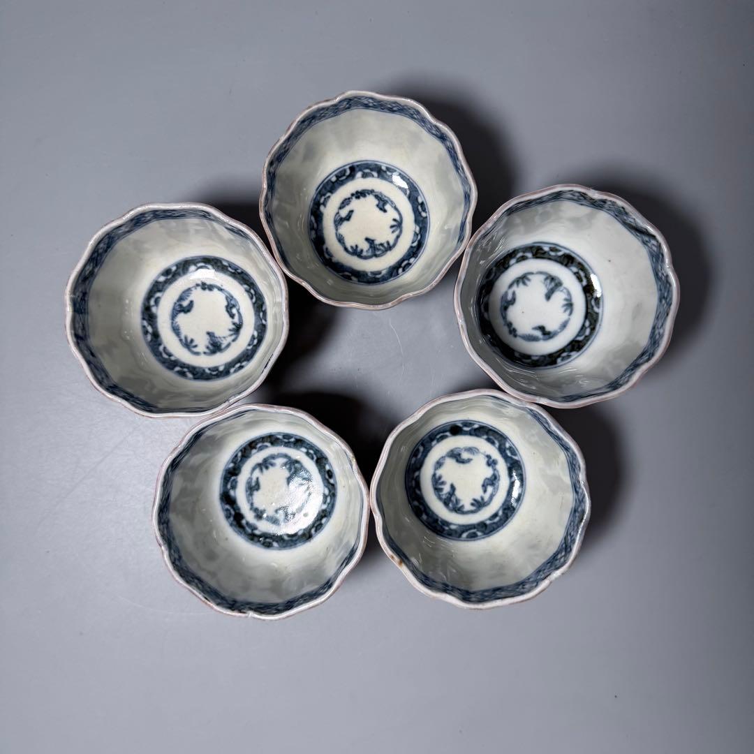 江戸後期　古伊万里　色絵金瓢箪文輪花形向付　五客　○×高台　小鉢　蕎麦猪口