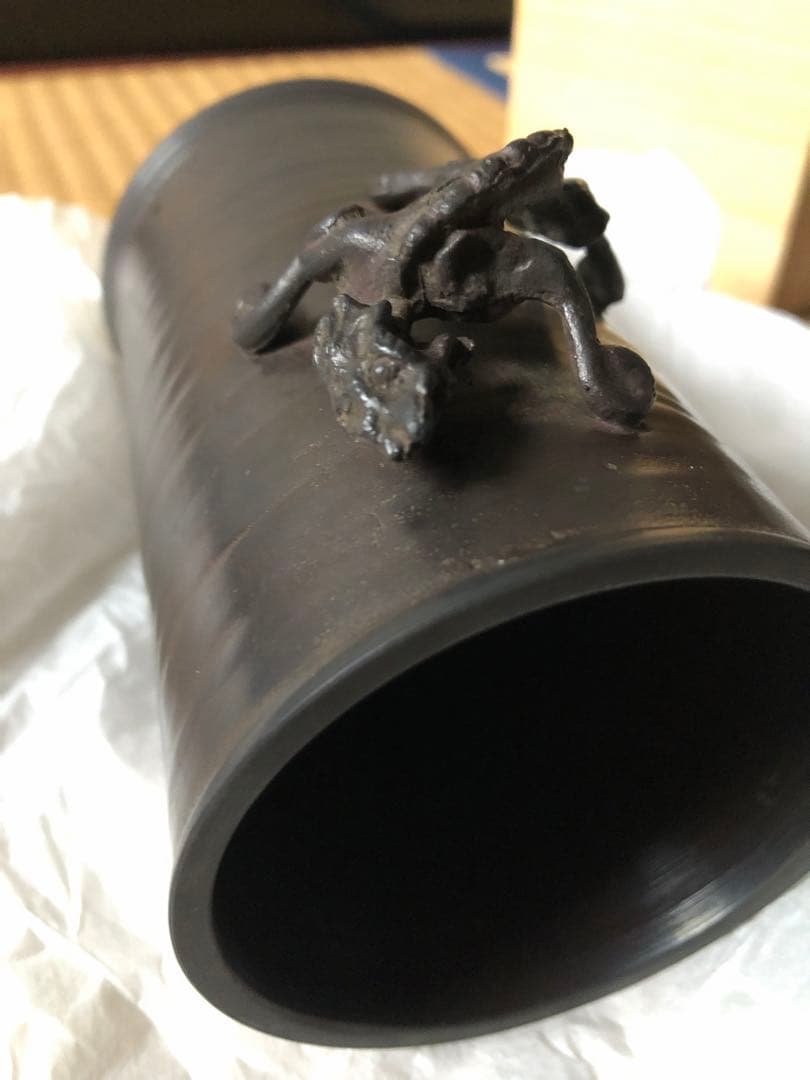 鋳銅　雨龍紋　筆筒　須賀月真氏作　共箱入