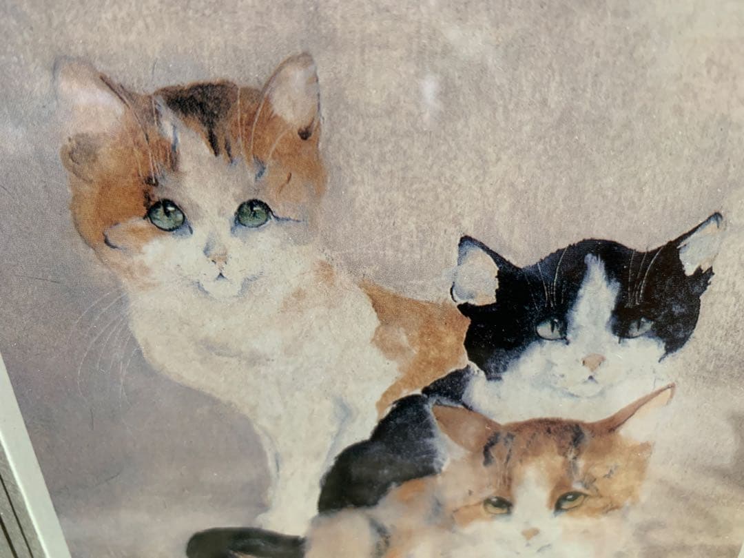 新品ドマンイタリア製インテリアアート額装複製画水彩画クロシロ猫ハチワレ茶白猫の絵