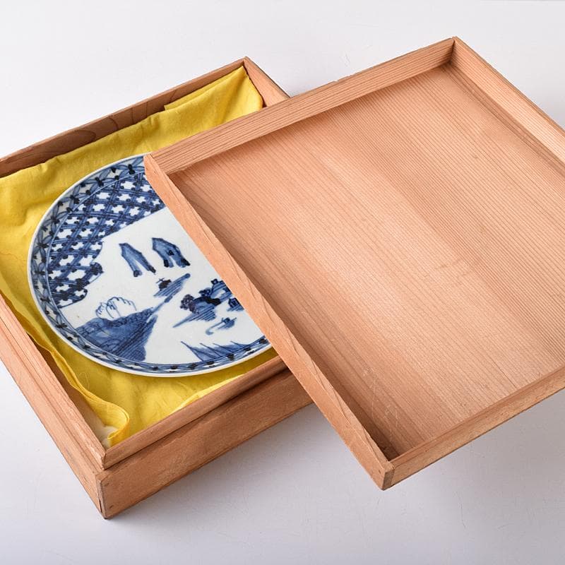 古伊万里 初期伊万里 大明成化年製款 染付 山水文 飾皿 時代箱 M R7968