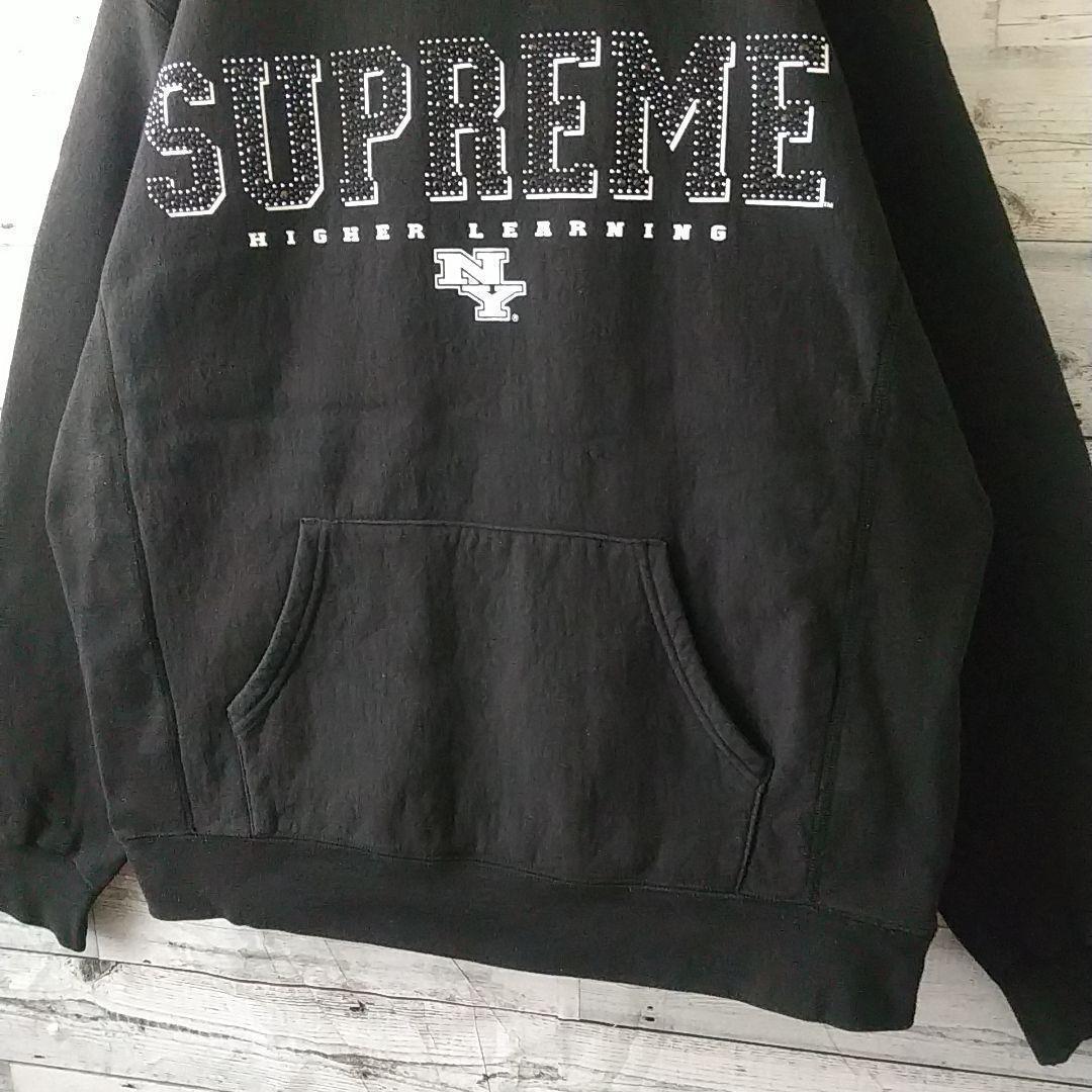 希少サイズ☆シュプリーム センターロゴ ラインストーンロゴ パーカー 黒 XL