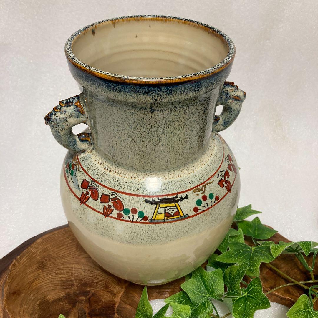 新品　奈良赤膚焼　赤膚山　大塩玉泉　奈良絵　耳付花瓶　壺　花生け　花入　遠州七窯