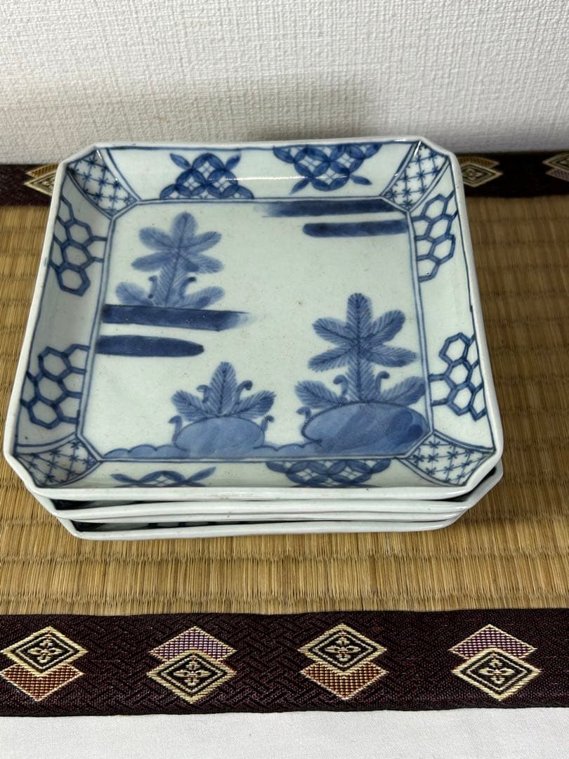 古伊万里《若松紋》角皿　江戸時代 4枚　無傷