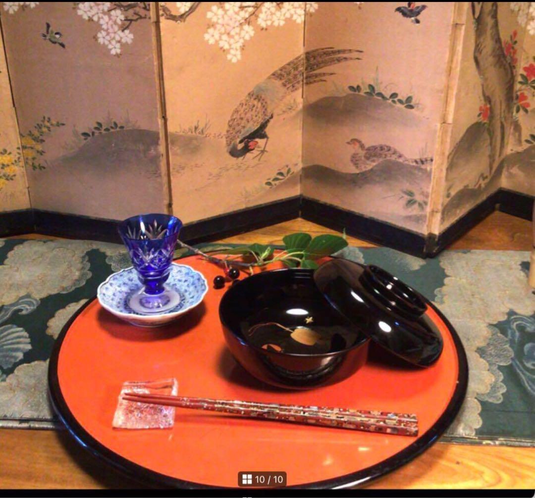 A852 木製輪島塗 高級黒塗 宝尽紋様蒔絵 吸物椀 煮物椀 5客