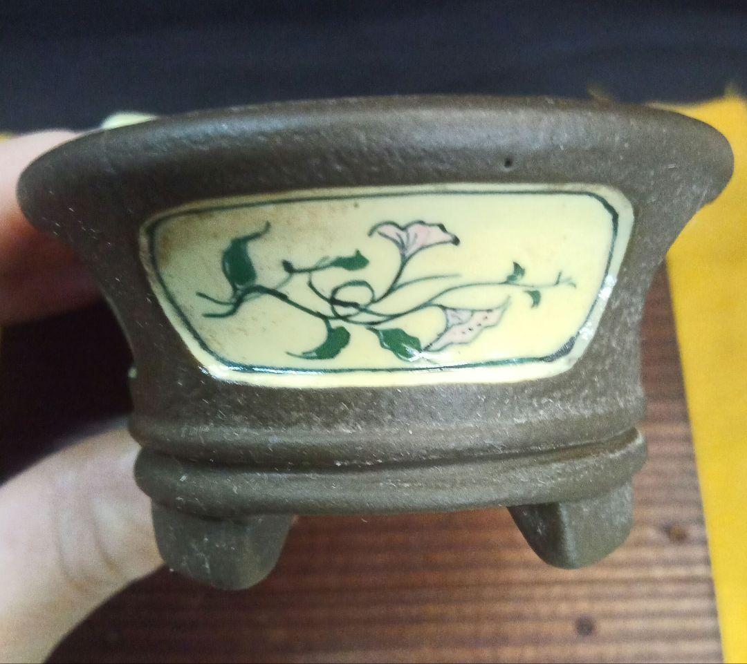 006.【陶翠】象嵌絵付/縁付楕円/盆栽鉢/木箱付き