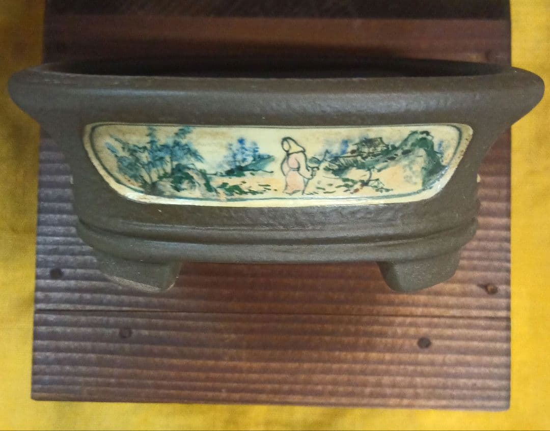 006.【陶翠】象嵌絵付/縁付楕円/盆栽鉢/木箱付き