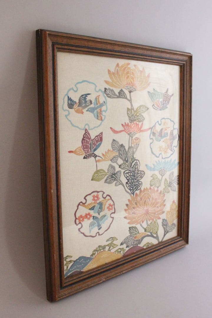 No5088 額装　染色画　花鳥　紅型　びんがた　琉球　伝統工芸　美術　送料無料