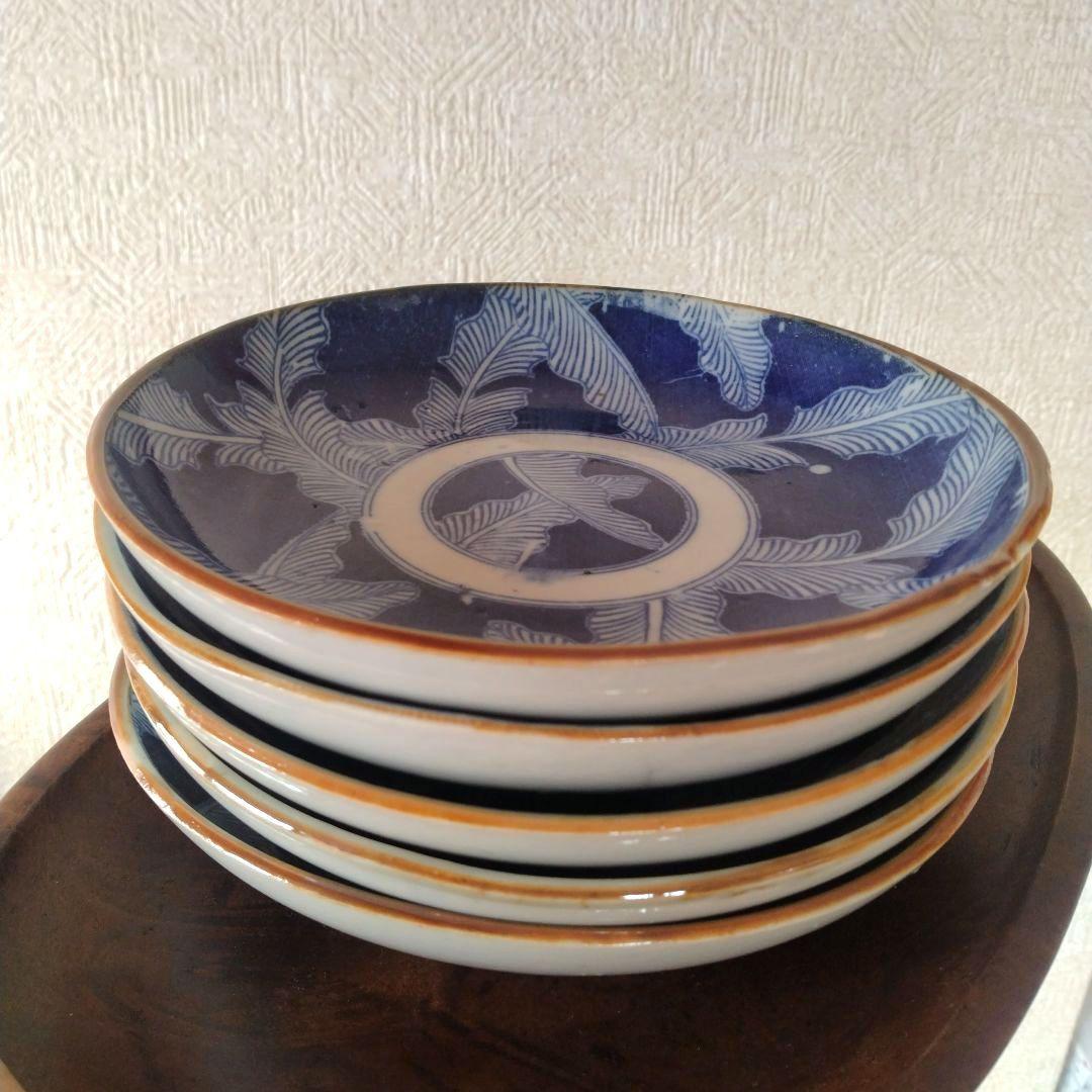 古伊万里明治印判芭蕉文平皿五客 古伊万里明治印判芭蕉文平皿五客