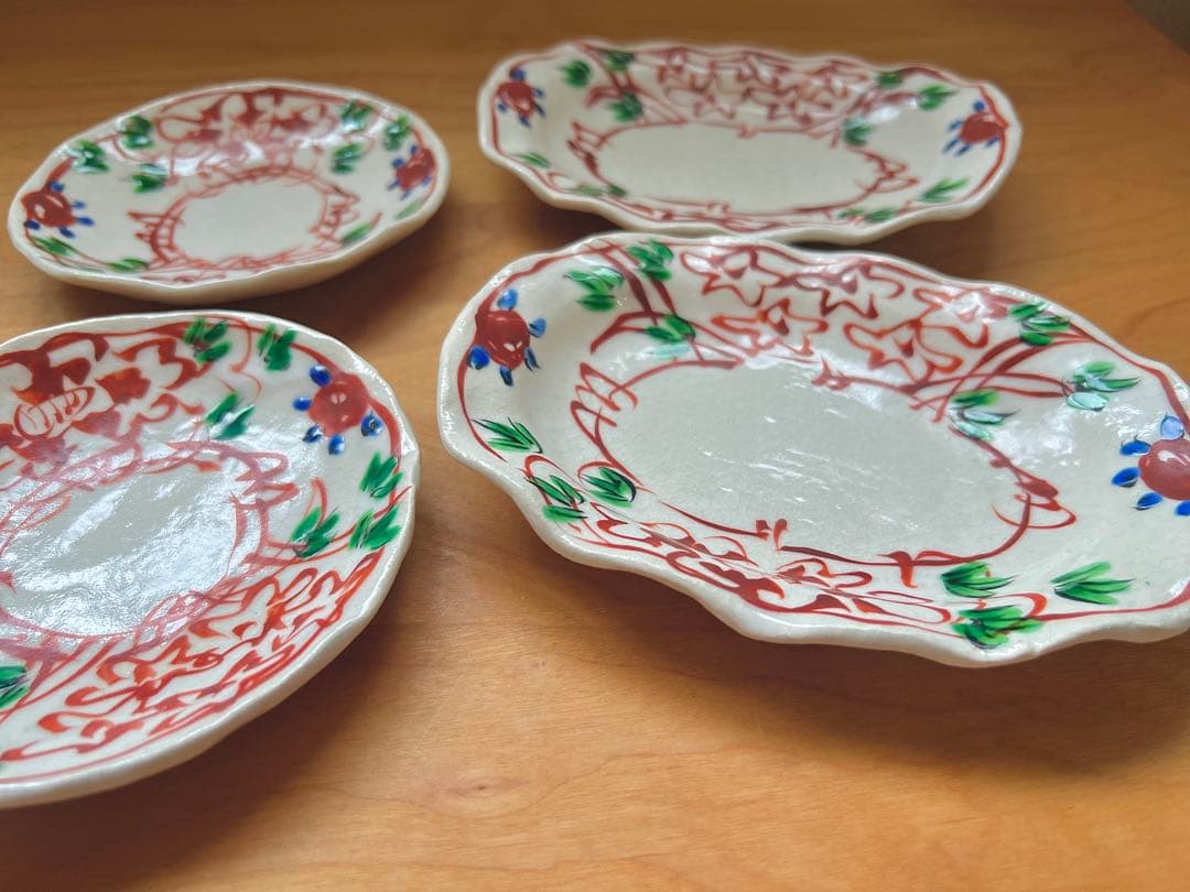 榛澤宏 色絵二花楕円小皿 豆皿 たたら 粉引 赤絵 作家もの