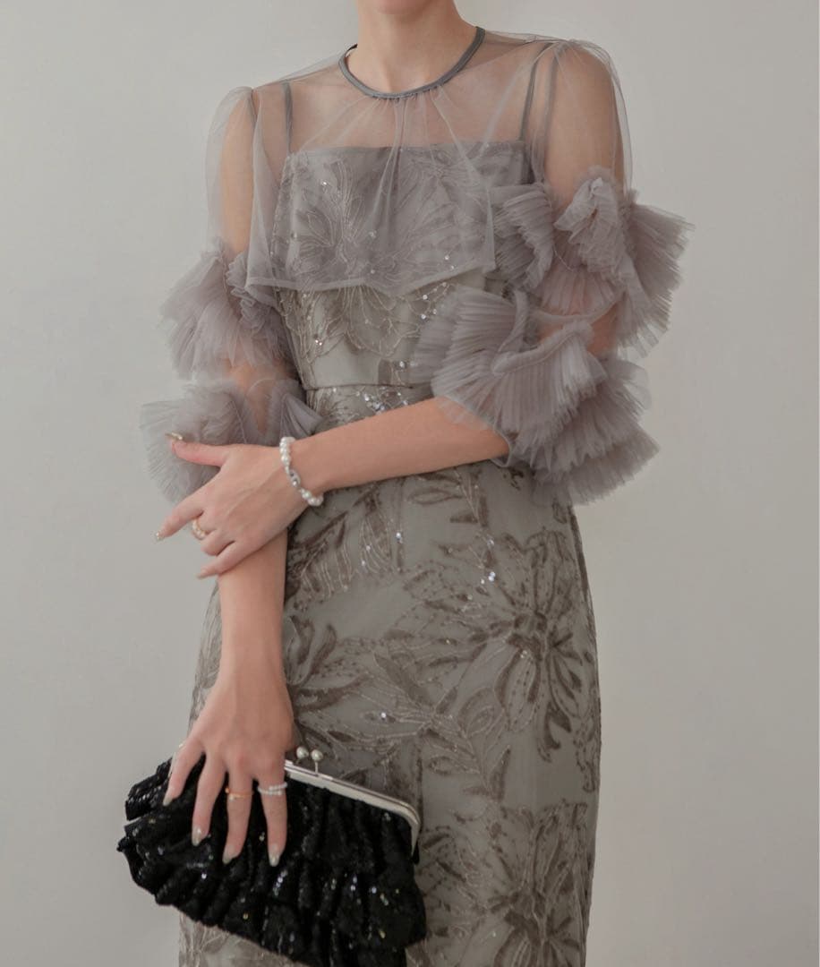 LEJA フラワースパンコールチュールフリルスリーブIラインワンピース 結婚式