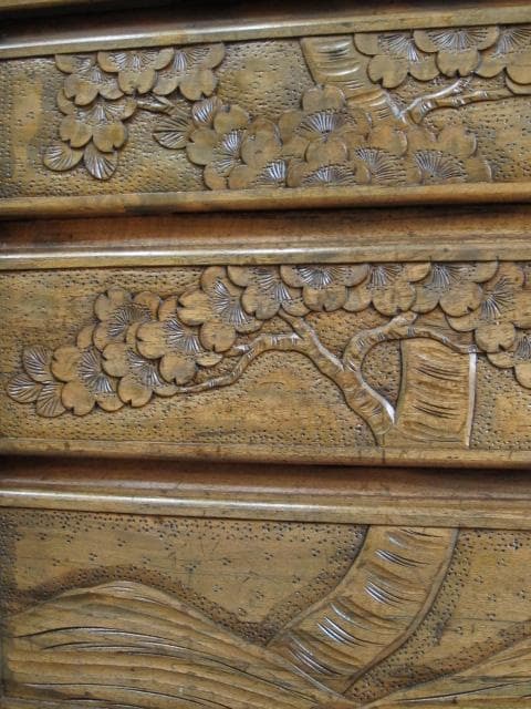 長野県 伝統工芸品 軽井沢彫り 桜 彫刻 5杯抽斗 箪笥/チェスト/整理