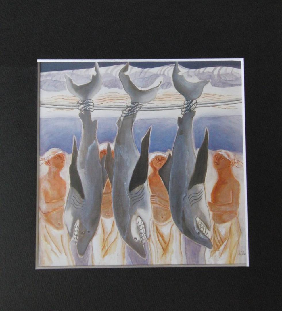 三吉雅、【魚と人】、希少な額装用画集より、新品額装付