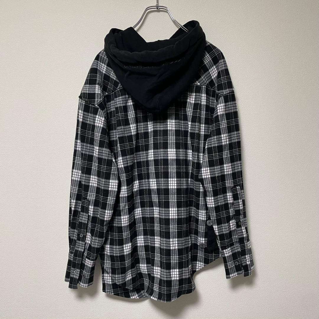 ステルスステラ 異素材ドッキングパーカー チェックシャツ アシンメトリー 黒