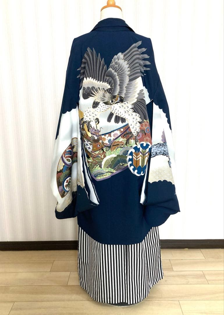 七五三男児M I N98濃紺羽織に黒シマ袴※サイズ大きめ