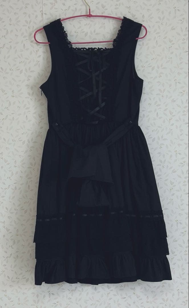 レースフリルジャンパースカート ワンピース 黒×黒 ベイビー ロリィタ jsk