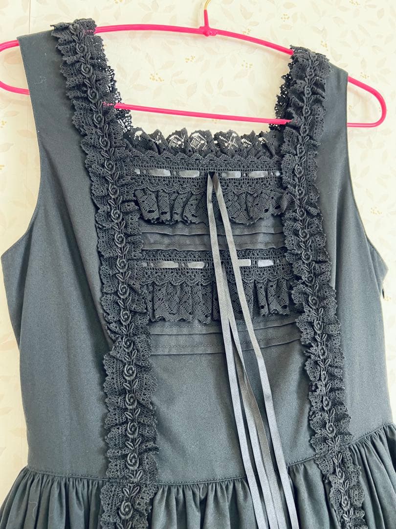 レースフリルジャンパースカート ワンピース 黒×黒 ベイビー ロリィタ jsk