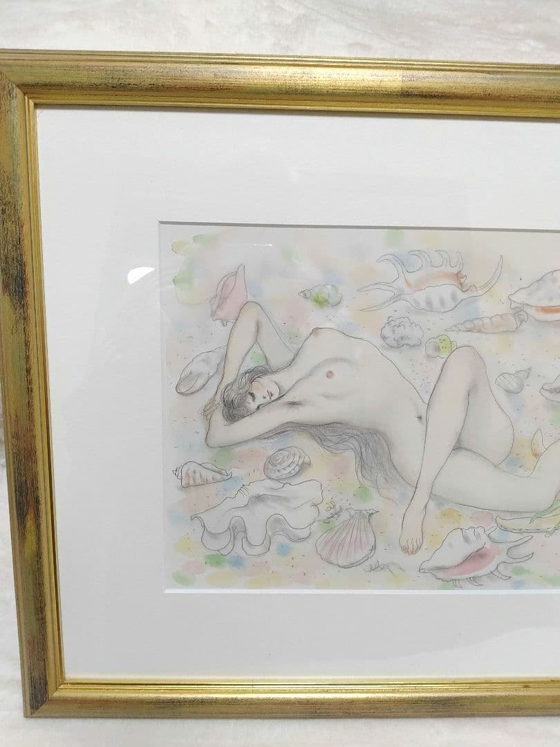 貝殻　水彩　5号大　作家 古沢岩美　パステル　裸婦　56×44