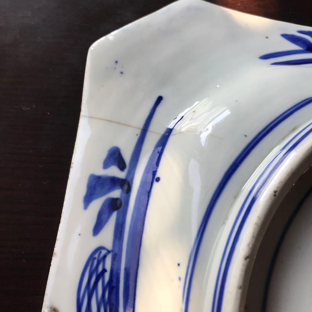 美品　古伊万里　陶器　年代物　盛り皿　角皿　八角絵皿　線画　山水の絵柄が素敵な