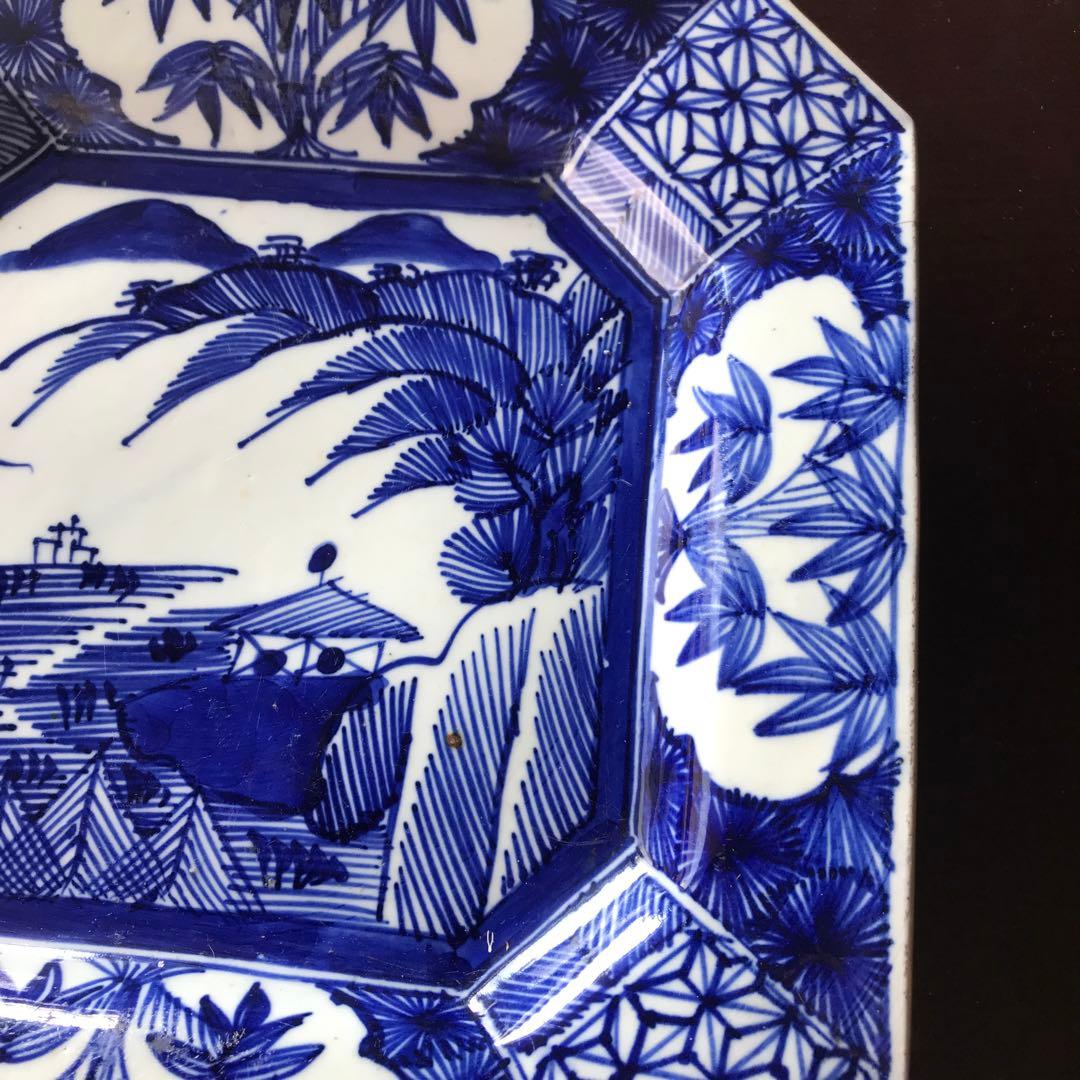 美品　古伊万里　陶器　年代物　盛り皿　角皿　八角絵皿　線画　山水の絵柄が素敵な