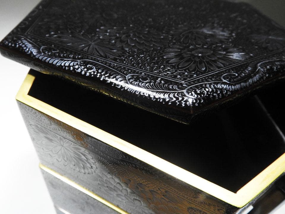 ○旧家名品 三つ重ね 亀甲形 菓子重箱 華やかな菊尽くし 美品 明治