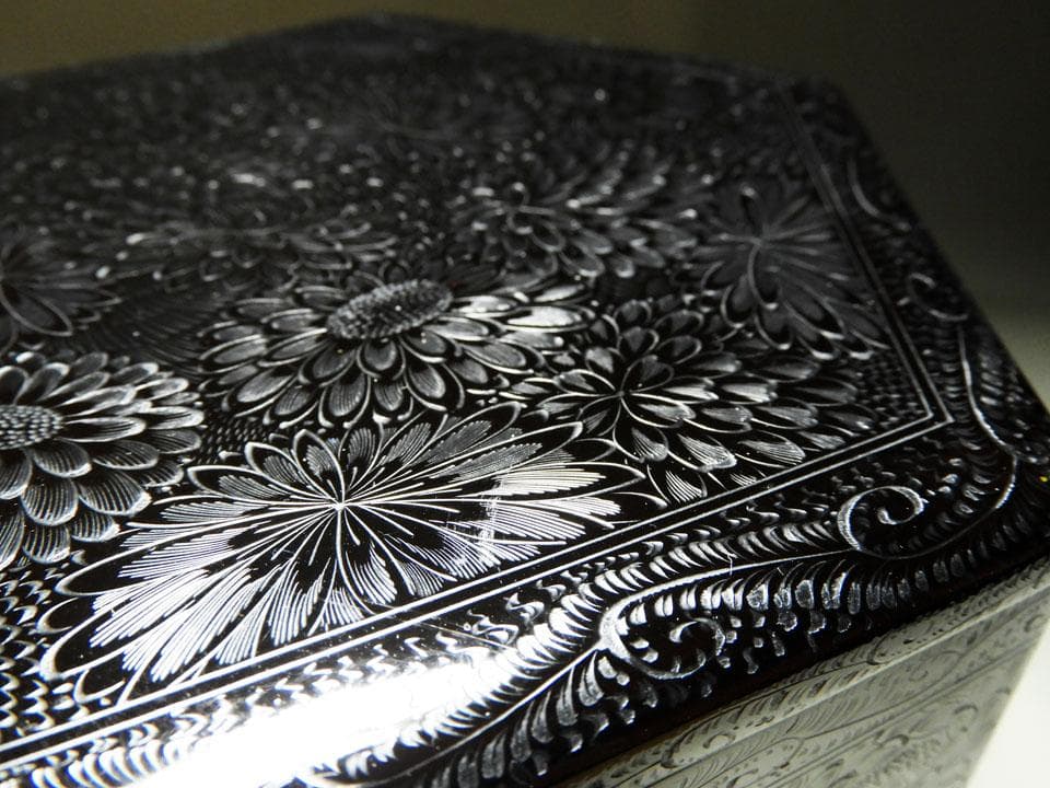 ●旧家名品 三つ重ね 亀甲形 菓子重箱 華やかな菊尽くし 美品 明治 大正 箱付