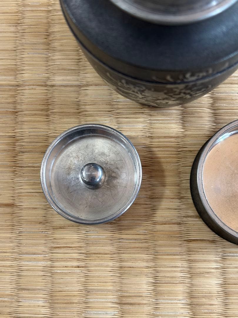 煎茶道具 錫製 林亭瑞製 茶入 茶心壺 細かい装飾 286g 幅7×高10