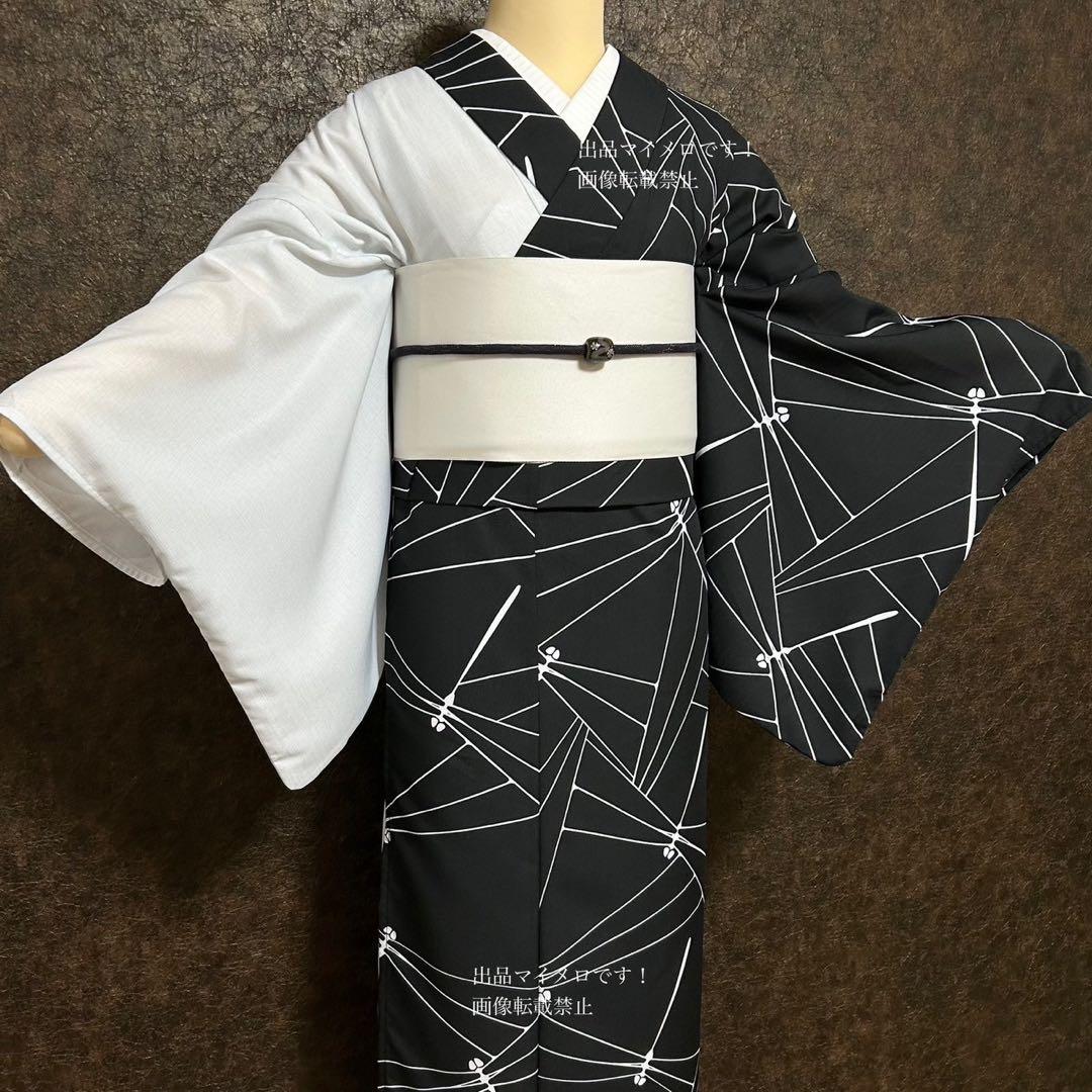 浴衣　夏　単着物　白×黒　吸湿速乾　半身仕立て　片身替わり　帯　0807⑬