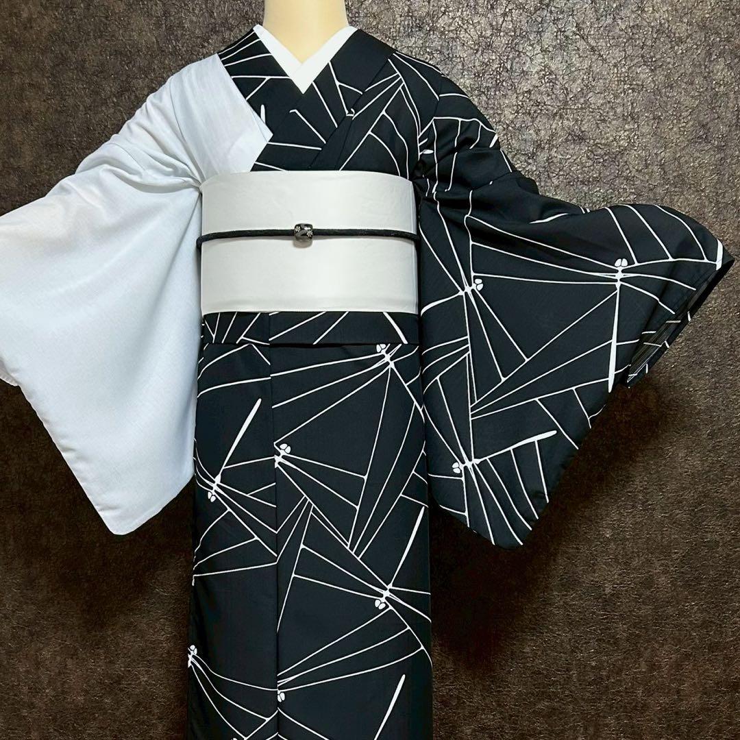 浴衣　夏　単着物　白×黒　吸湿速乾　半身仕立て　片身替わり　帯　0807⑬