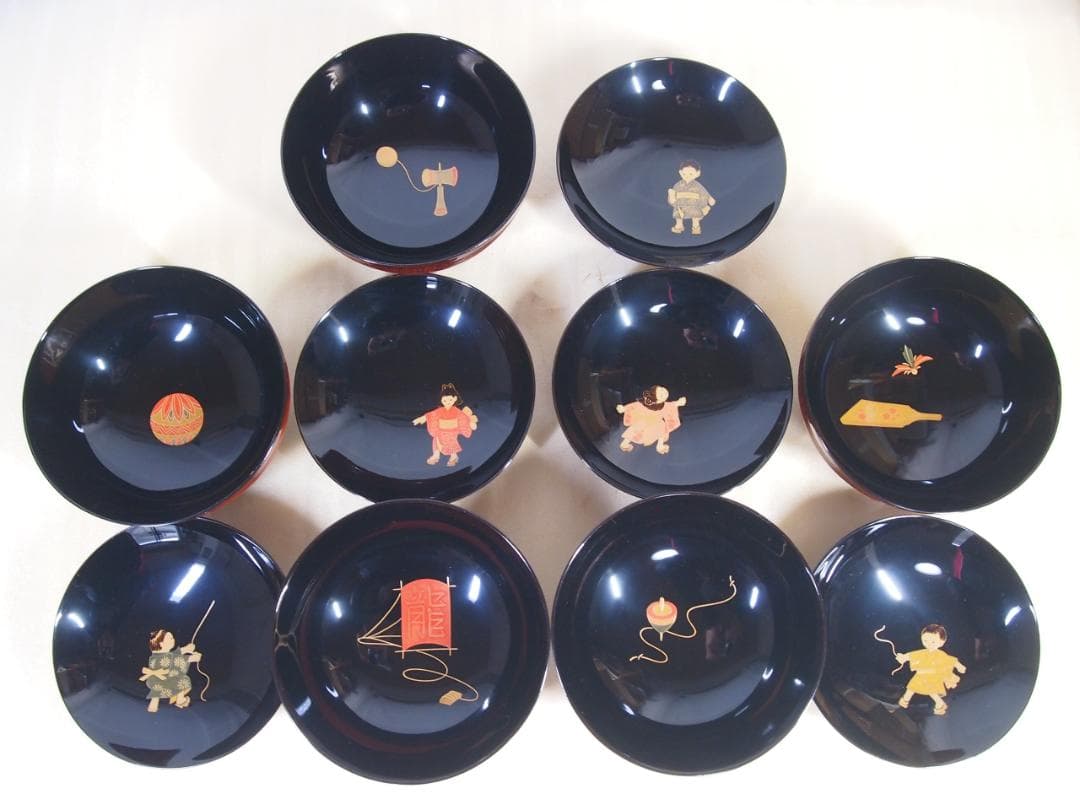 【未使用】輪島塗 童蒔絵 煮物椀 5客 千筋木地呂塗 雑煮椀/大椀 信斎/松斎