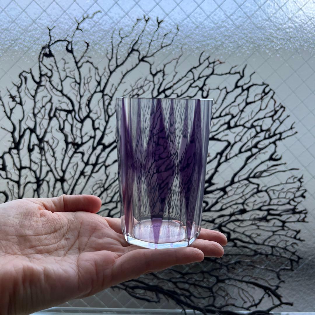 骨董 時代ガラス 紫色被せダイヤ綴り 大正浪漫 モダン切子 コップ