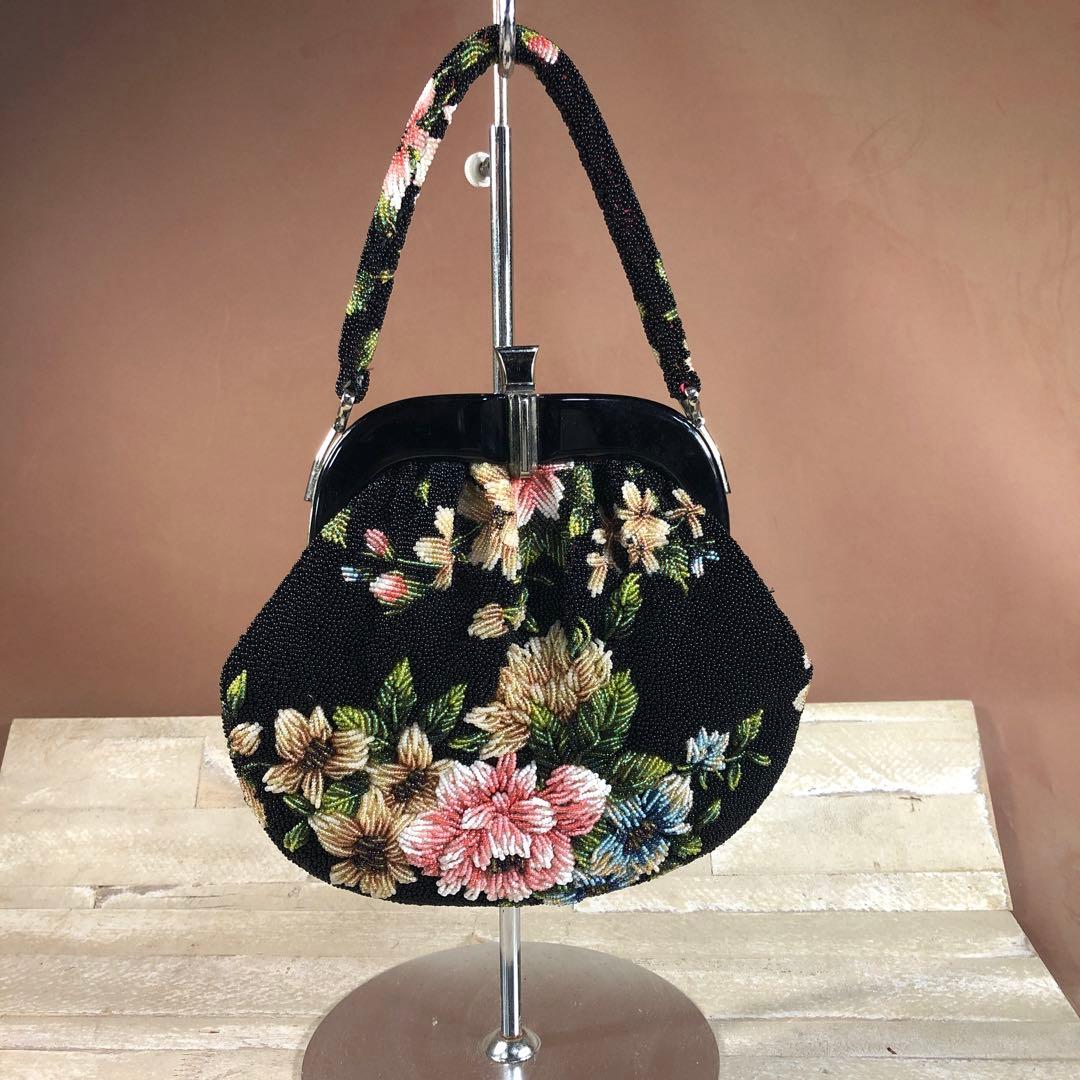 昭和ロマン　がま口　花柄刺繍 ビーズハンドバッグ 黒