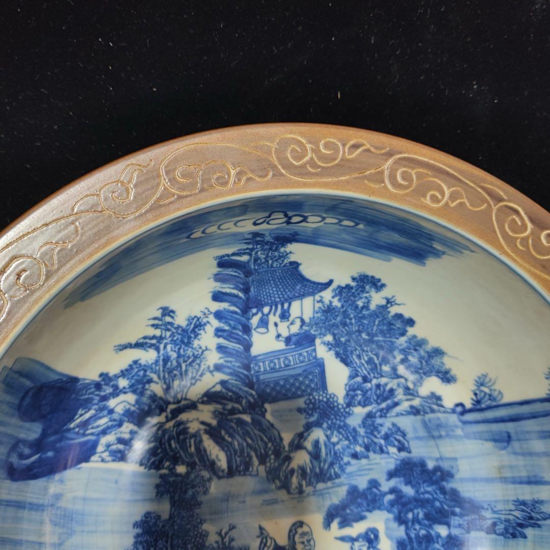 時代物 旧蔵 清国 大型 青花瓷 山水人物図 お皿 陶器 置物