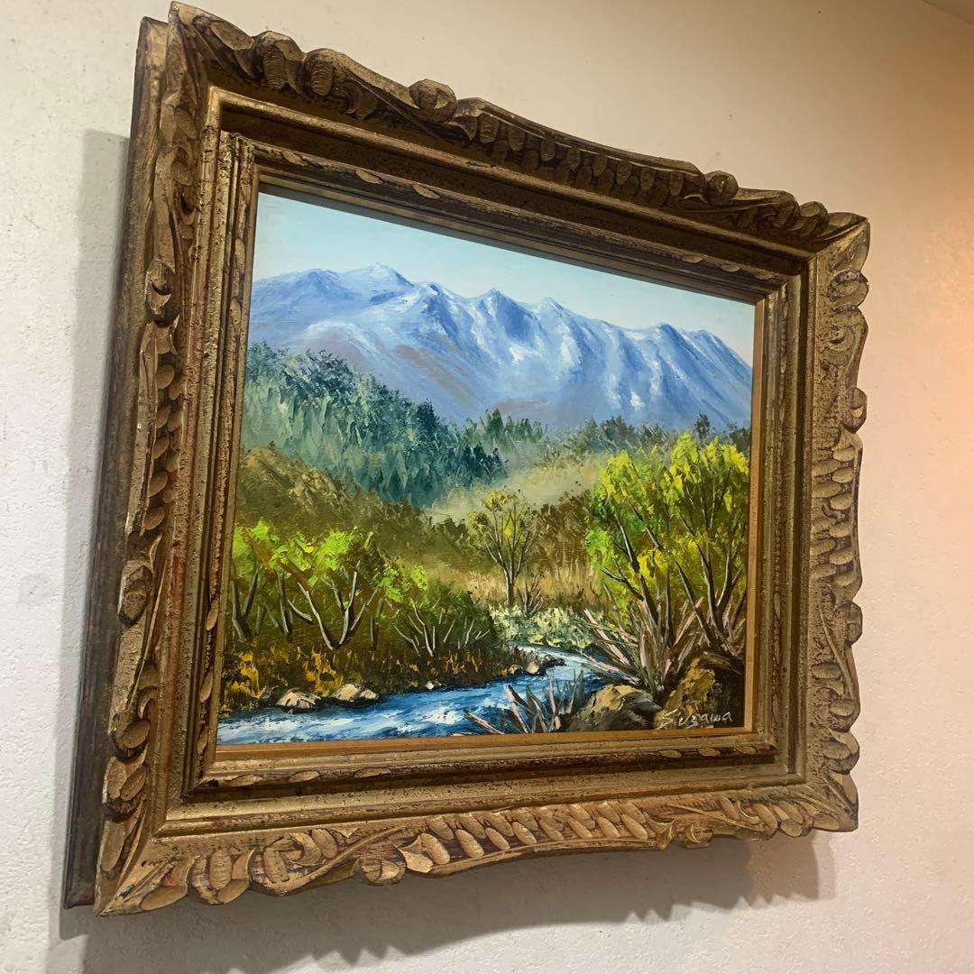 絵画　油彩肉筆画　『末川と木曾御岳　羽沢清水』アンティーク