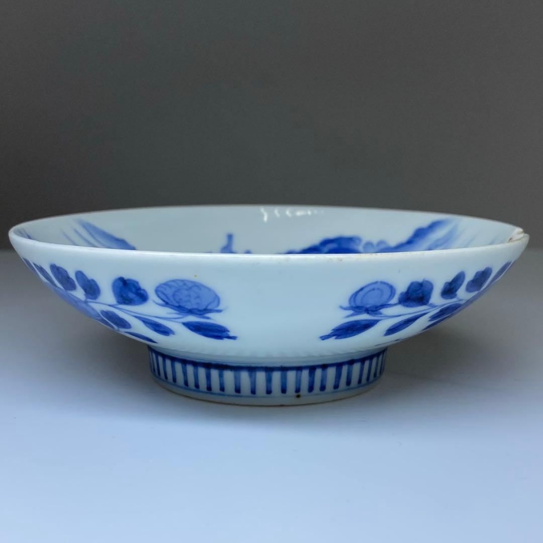 江戸中後期　極上手鍋島焼染付山水風景画皿　木箱付　本Y7-0331☆1Fタニト