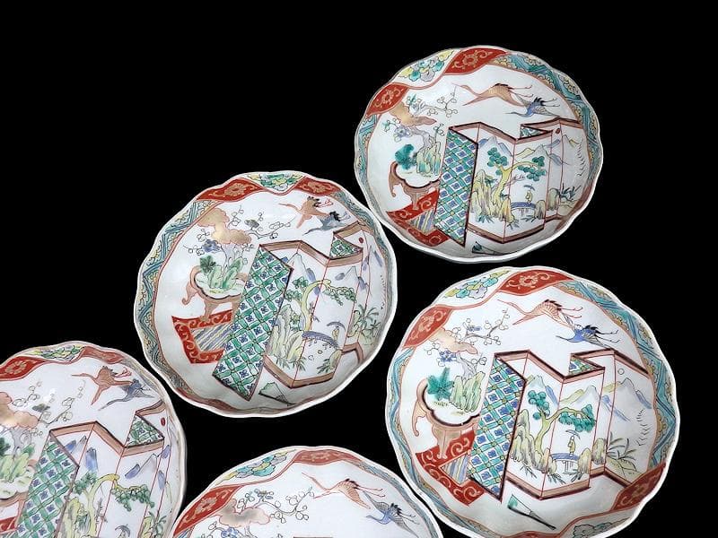 古伊万里 色絵 屏風図に双鶴の図 膾皿 5枚 D299AS-fbty